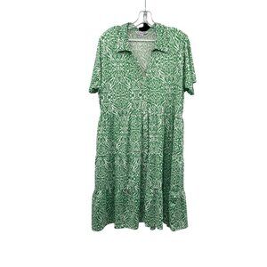 La Mer Luxe Shirt Dress Button Up Short Sleeve Green/White Print Size XL